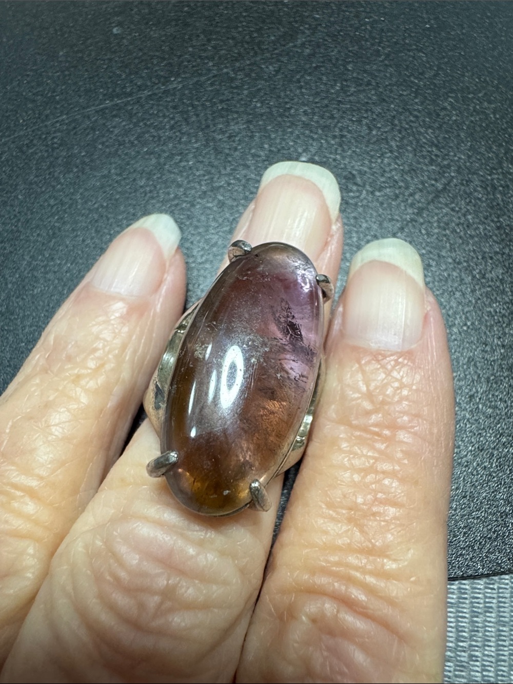 Sterling Silver Ametrine Oval Cabochon Ring in Purple-Brown Contemporary